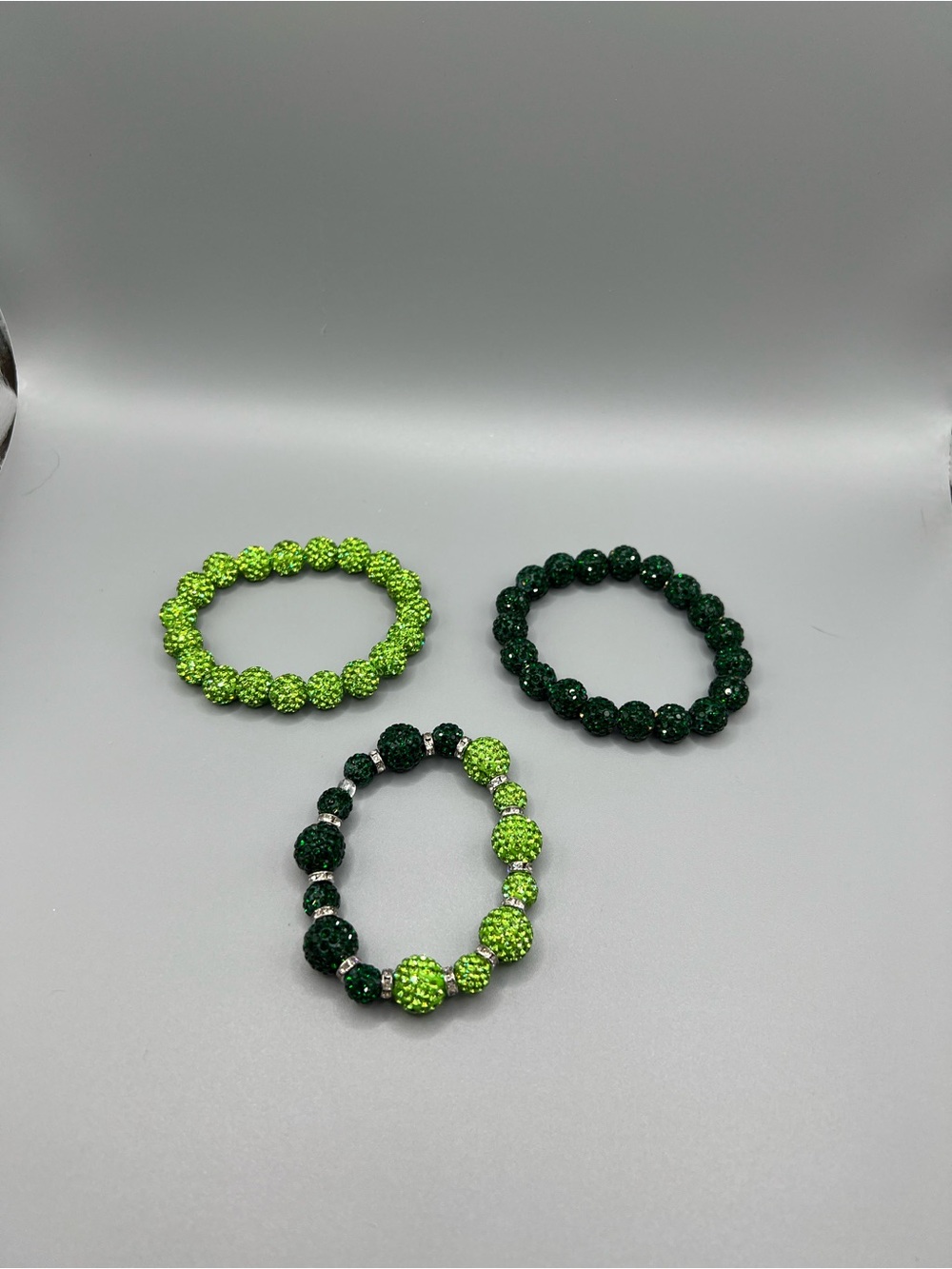 Crystal Beaded Stretch Bracelet Trio - Lime & Forest Green - Handmade #B0064T